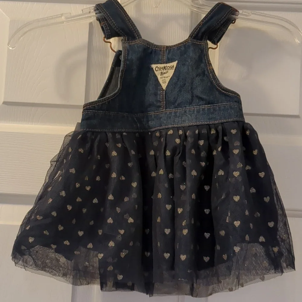 OshKosh B'gosh NWT girls overalls skirt gold sparkle hearts blue tulle 12 Months